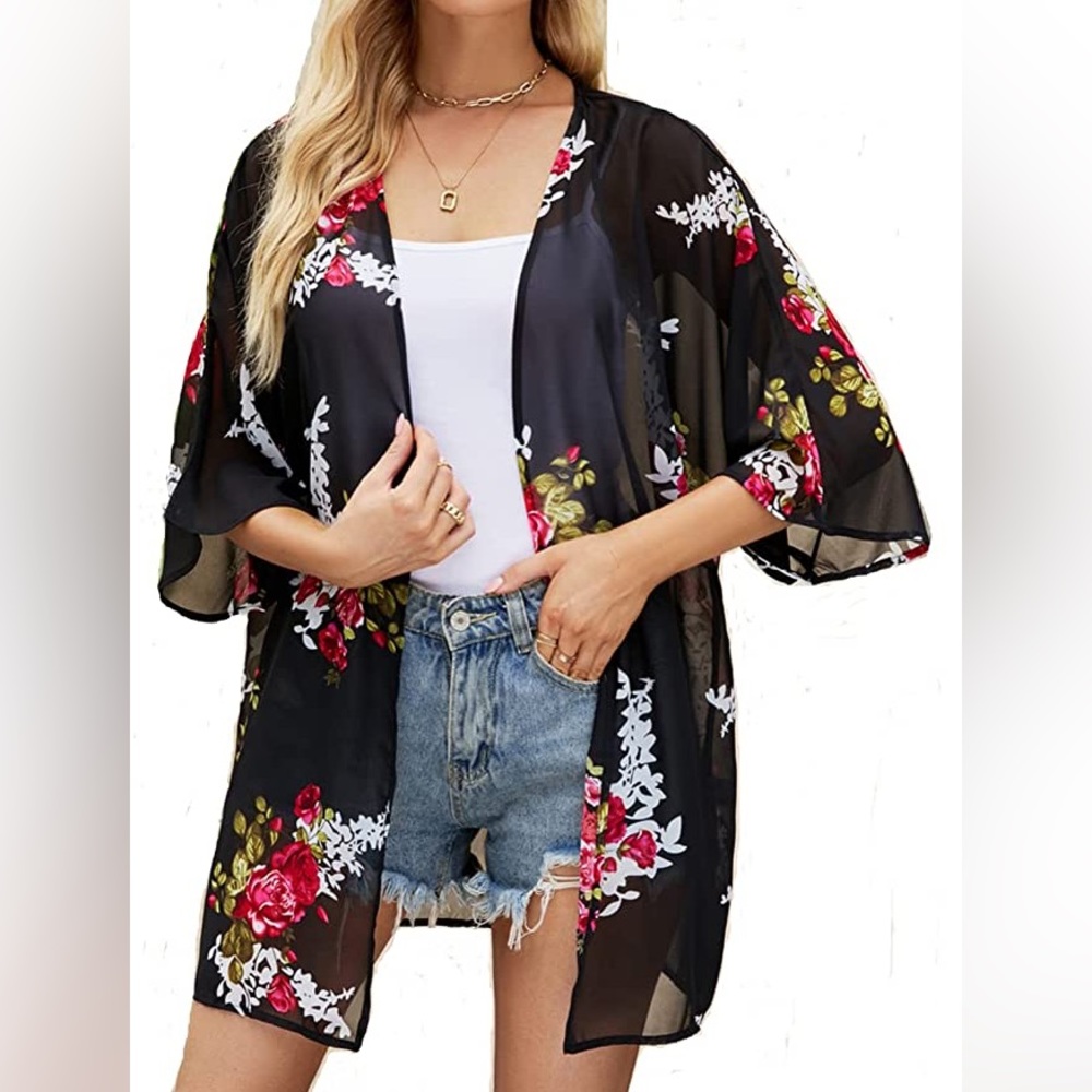 Boutique black floral kimono beach cover up l/xl no tags I took off worn once